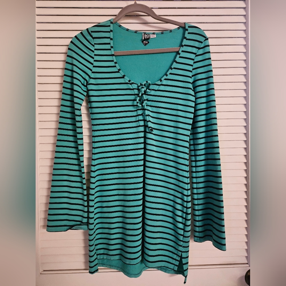 Roxy dress turquoise & navy striped lace up next line. Flaired sleeves.